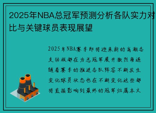 2025年NBA总冠军预测分析各队实力对比与关键球员表现展望